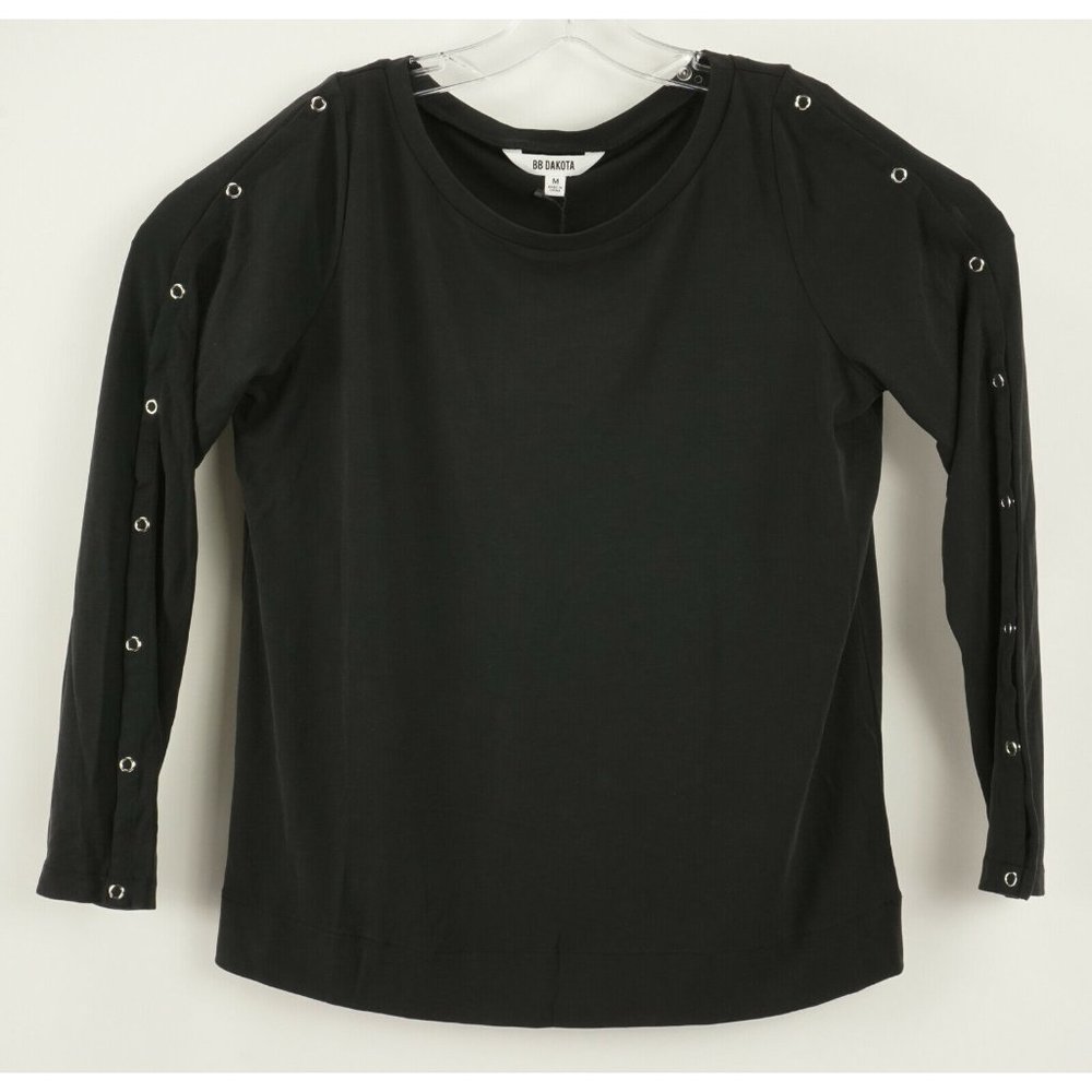 New BB Dakota Abida Women's Size M Black Long Sleeve Stretch Jersey Snap Tee Top